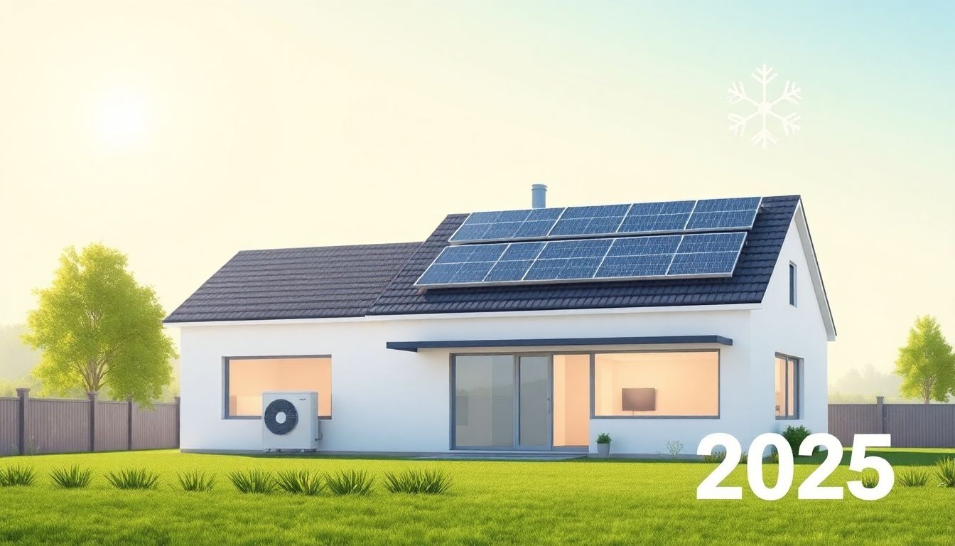 Header-Bild für den Artikel: Moderne Darstellung eines Einfamilienhauses mit Wärmepumpe und Photovoltaik-Anlage auf dem Dach, visualisiert die Kombination der Technologien für das Jahr 2025.
