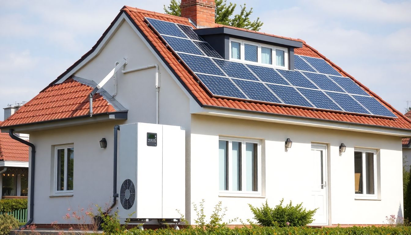 Moderne Wärmepumpe im Zusammenspiel mit einer Photovoltaikanlage auf dem Dach eines Einfamilienhauses. Die Darstellung visualisiert saubere Energieerzeugung und effiziente Gebäudebeheizung bzw. -kühlung.