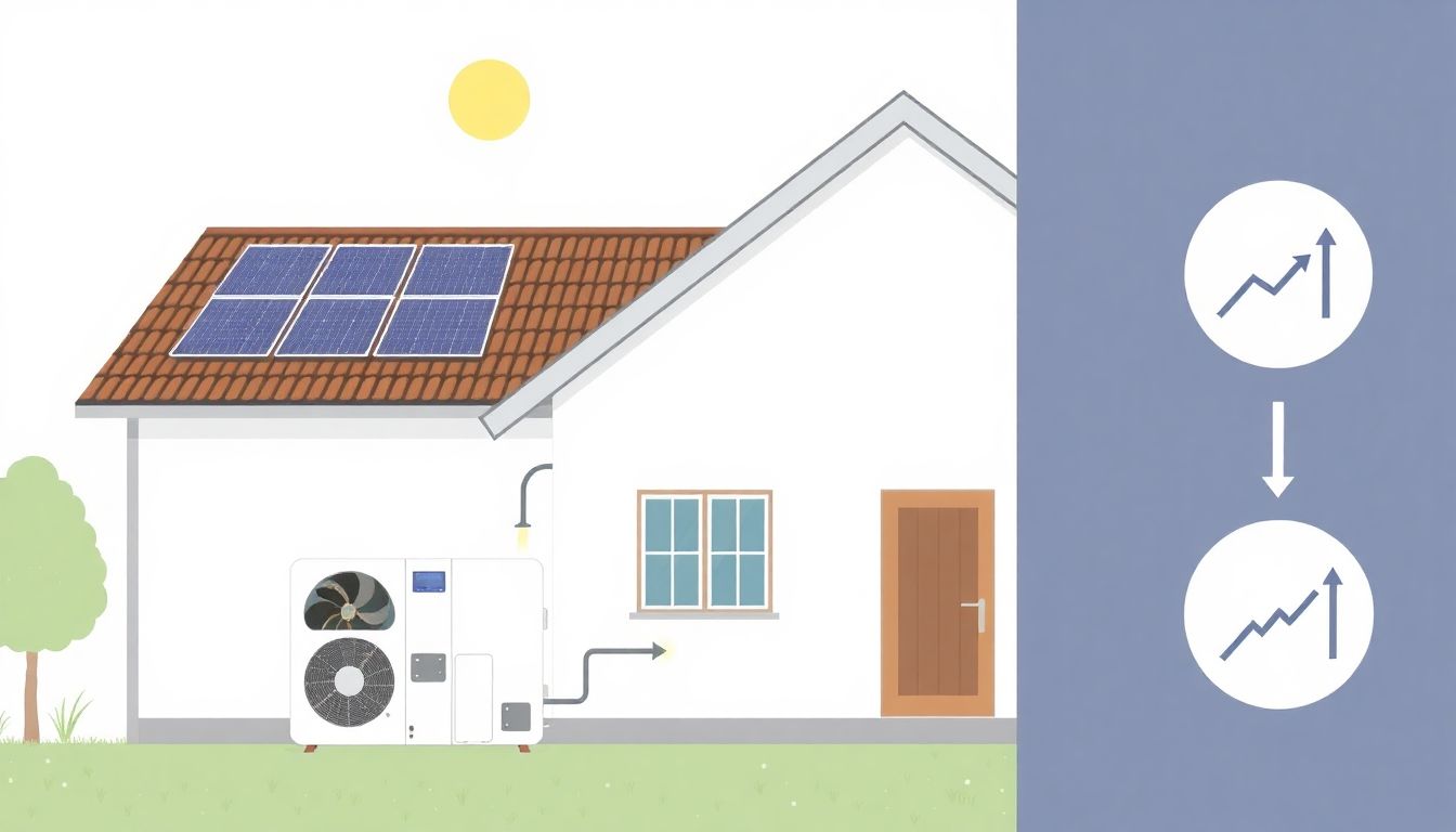 Grafische Darstellung einer Wärmepumpe im Außenbereich eines Einfamilienhauses mit Photovoltaikmodulen auf dem Dach. Visualisierung der kombinierten Heizungs- und Stromerzeugung für eine Wirtschaftlichkeitsberechnung.
