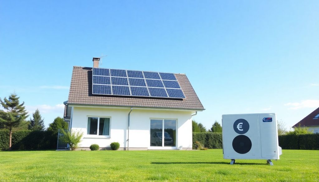 Header-Bild für Artikel: Moderne Wärmepumpe und Photovoltaik-Anlage an einem Einfamilienhaus, mit grafischen Elementen zur Wirtschaftlichkeitsberechnung.