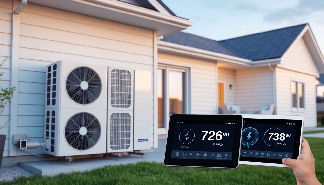 Moderne Wärmepumpe im Einfamilienhaus, die mit Smart-Home-Technologie gekoppelt ist und Energieeinsparungen visualisiert.