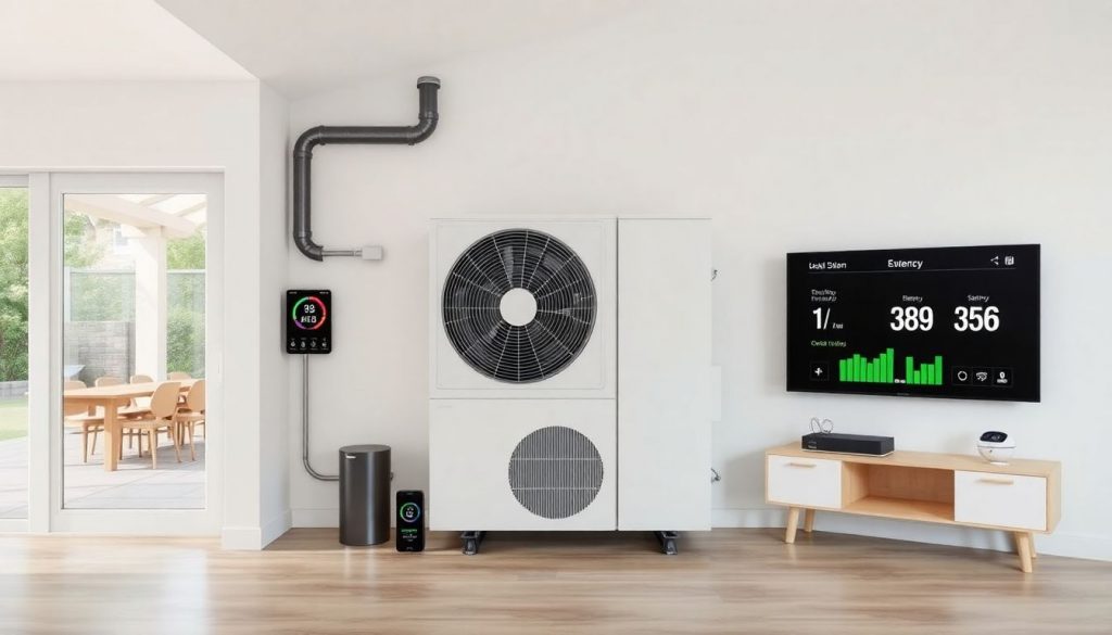 Moderne Wärmepumpe mit Smart Home Integration in einem Einfamilienhaus, die Energieeinsparungen visualisiert