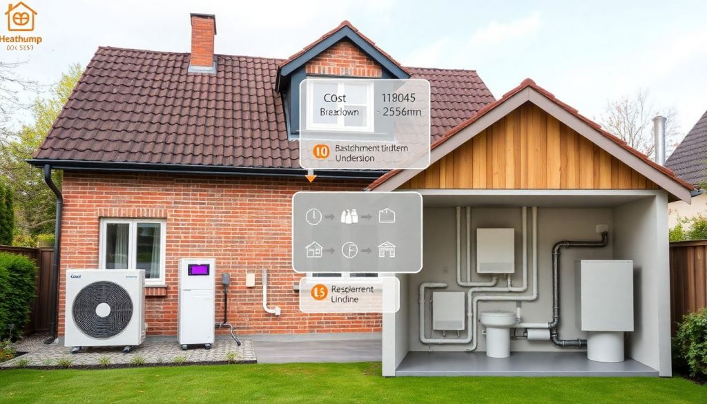 Grafische Darstellung: Modernes Wärmepumpensystem in einem sanierten Altbau-Einfamilienhaus mit 120qm Wohnfläche. Gezeigt werden Außeneinheit im Garten und Inneneinheit im Technikraum. Infografiken zu Kosten, Förderung und Amortisation sind eingeblendet.