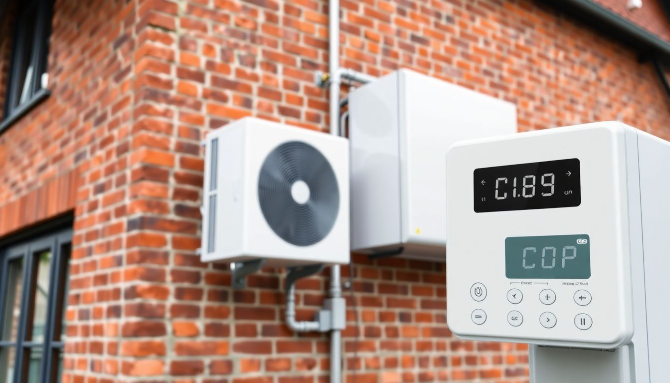 Wärmepumpe Nachrüstung Altbau: Moderne Luft-Wasser-Wärmepumpe an der Außenwand eines sanierten Einfamilienhauses mit Sichtmauerwerk fachmännisch installiert.