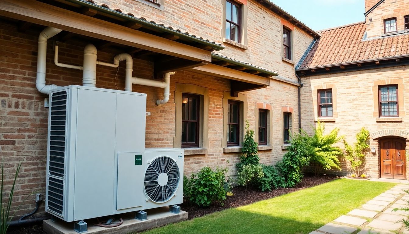 Eine moderne Wärmepumpe, diskret im Außenbereich eines sanierten Altbaus installiert. Die Aufnahme zeigt die harmonische Integration der neuen Heiztechnik in die historische Bausubstanz.