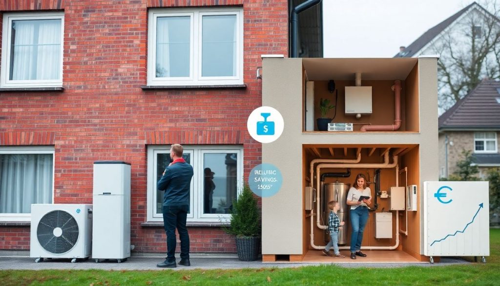 Schematische Darstellung einer Wärmepumpen-Nachrüstung in einem Altbau-Einfamilienhaus: Außeneinheit an der Hauswand und Inneneinheit im Technikraum.
