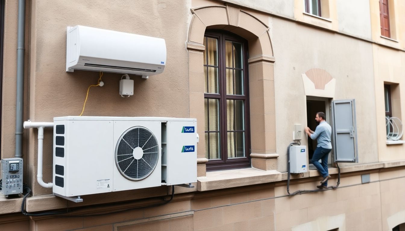 Eine moderne Wärmepumpe, die harmonisch in die Fassade eines sanierten Altbaus integriert ist. Das Bild zeigt sowohl Außen- als auch Inneneinheit mit fachgerechter Installation durch Techniker. Dämmmaterialien und Details der energetischen Sanierung sind sichtbar.
