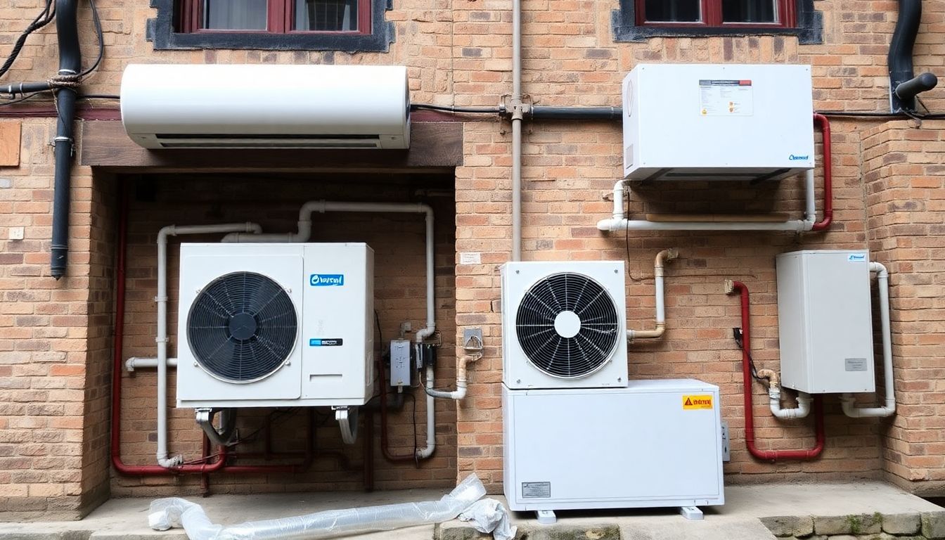 Eine moderne Wärmepumpe wird in einem Altbau nachgerüstet. Fachkräfte installieren die Außeneinheit an der historischen Fassade und die Inneneinheit im Keller. Die Aufnahme zeigt die fachgerechte Integration der neuen Heiztechnik in die bestehende Bausubstanz.