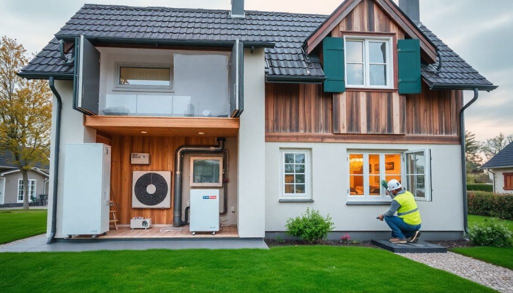 Wärmepumpe wird in einem Altbau nachgerüstet: Ein Techniker installiert die Außeneinheit an einer historischen Hausfassade, während im Inneren moderne Heiztechnik zu sehen ist.