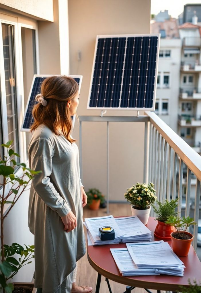 Eine Frau auf ihrem sonnigen Balkon betrachtet ihr neu installiertes Balkonkraftwerk neben einem Stapel Bürokratie-Unterlagen.