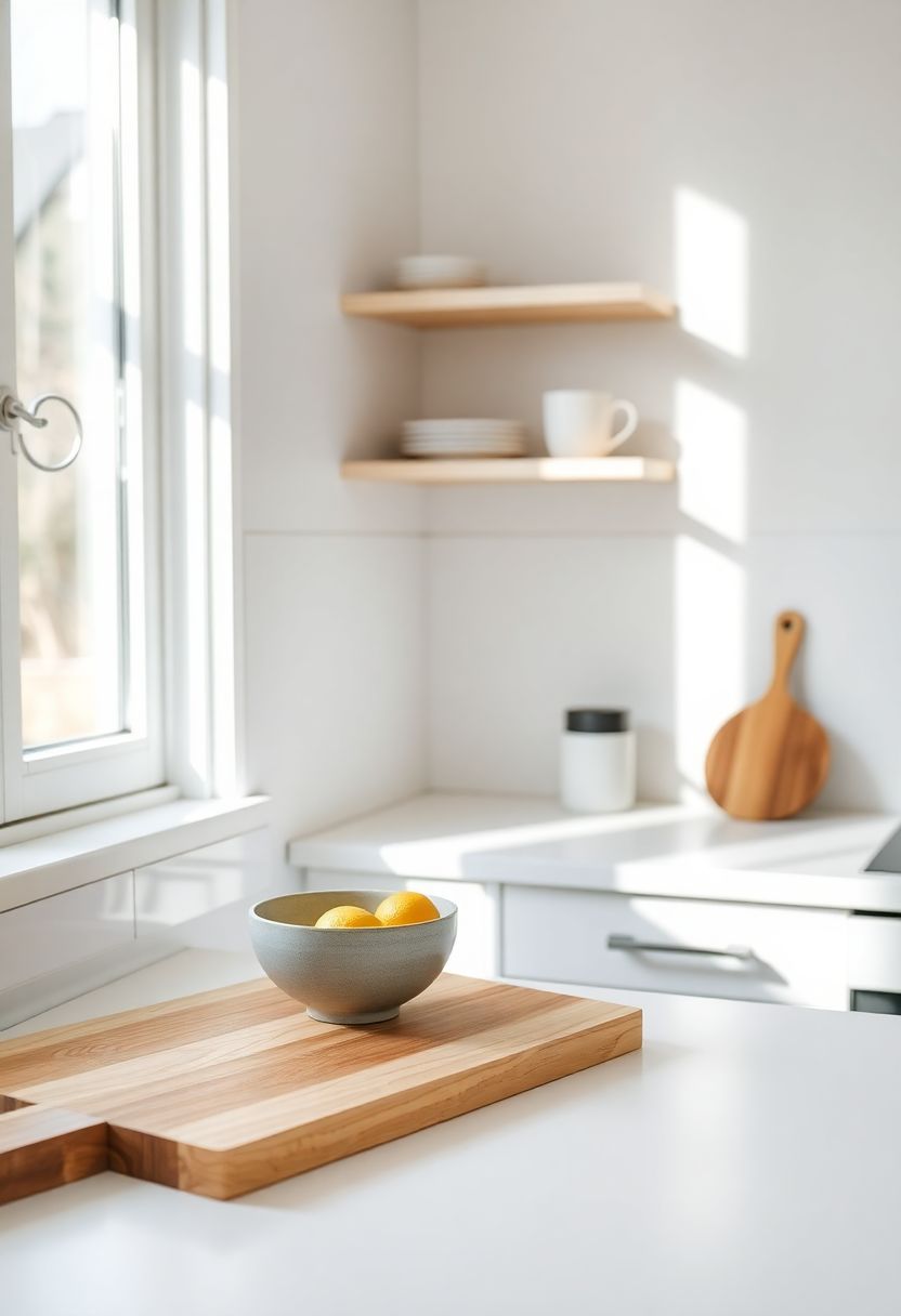 A bright and cozy minimalist kitchen with uncluttered countertops, open shelving with a few items, and natural sunlight, illustrating a peaceful and intentionally simple space.