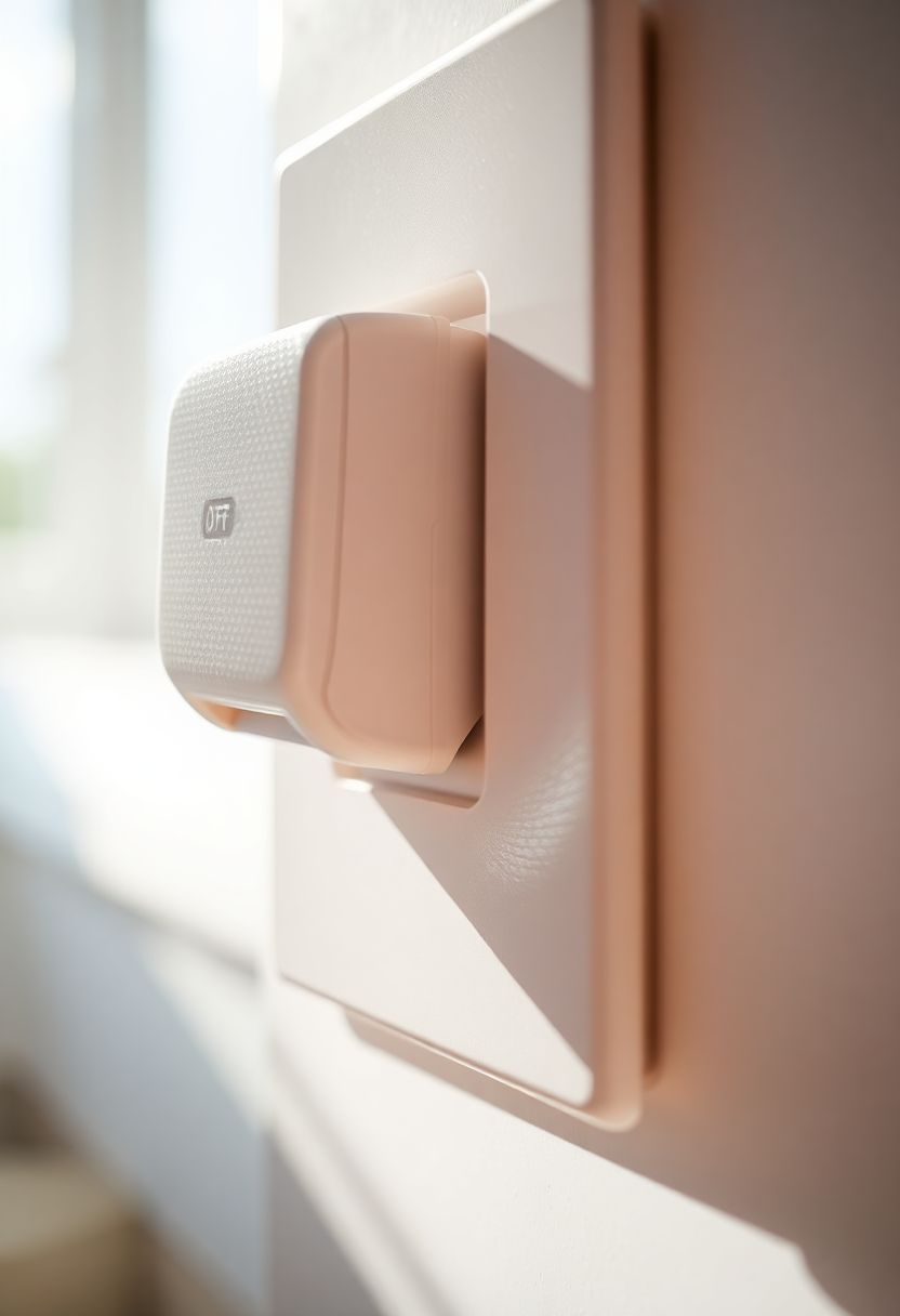 Extreme close-up of a smart plug switched off in a bright kitchen outlet, highlighting texture and the simple action of disconnecting technology to save energy.
