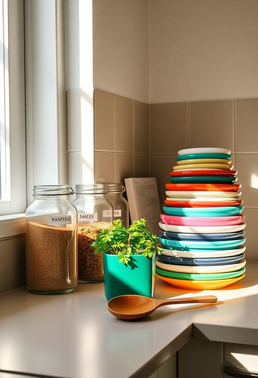 Eine gemütliche, helle Küchenarbeitsplatte zeigt eine gesunde Mischung aus minimalistischer Ordnung und persönlichem Durcheinander: einerseits identische Gewürzgläser, andererseits bunt gemischtes Geschirr.