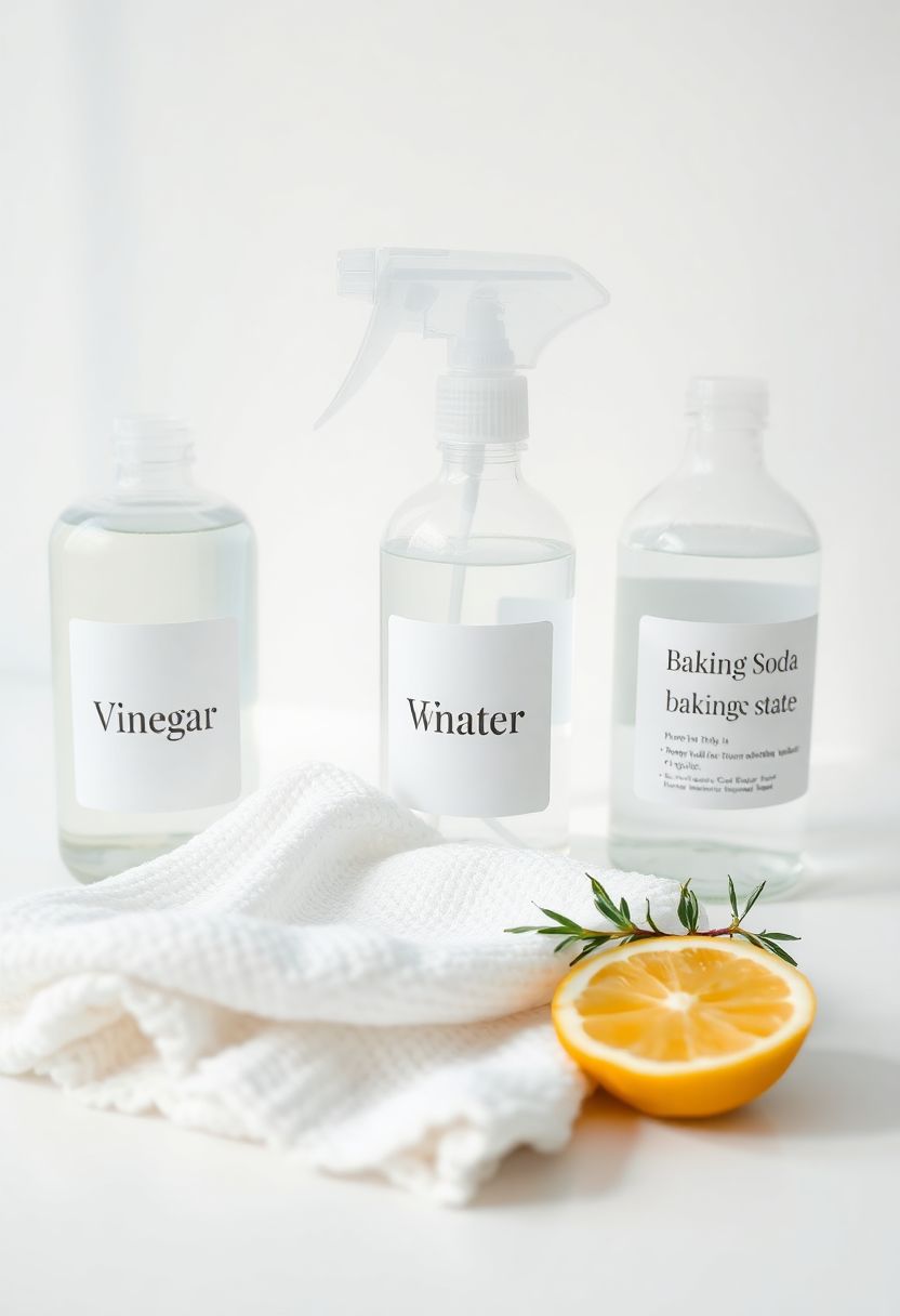 Extreme close-up macro photo showing the textured surface of a white microfiber cloth next to three identical glass spray bottles containing white vinegar, water, and baking soda, with a lemon slice and rosemary, on a bright white background.