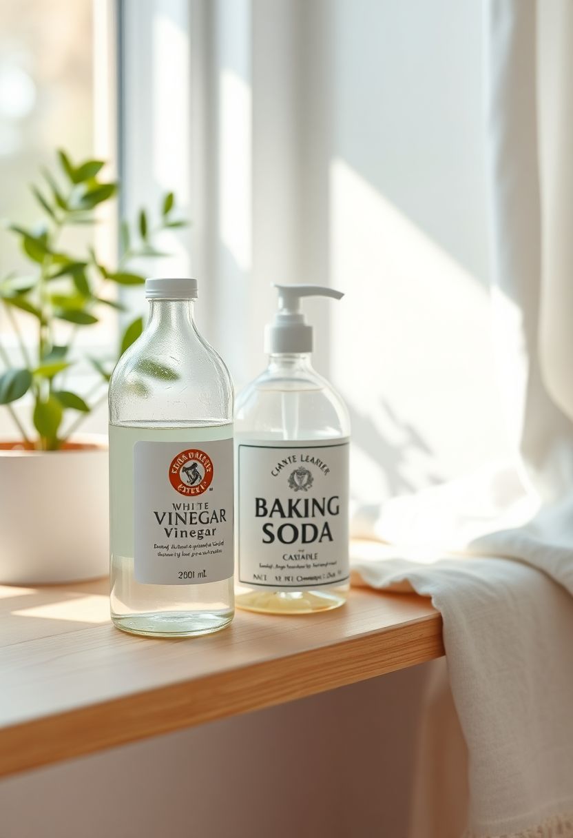 Minimalist spring cleaning setup for 2025 featuring three natural cleaning products (white vinegar, baking soda, and castile soap) arranged on a sunlit wooden shelf with plants and linen textiles in a bright, cozy vertical composition.