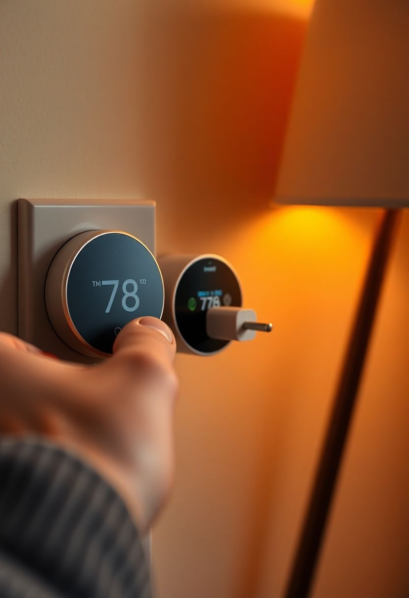 Nahaufnahme einer Hand, die einen smarten Thermostat in eine Steckdose steckt. Detailaufnahme mit weichem Licht.