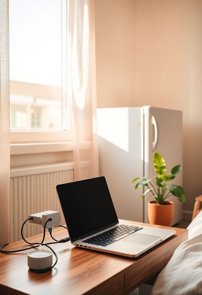 Einrichtung eines Single-Haushalts mit Fokus auf bewussten Stromverbrauch: Laptop an schaltbarer Steckerleiste, warmes Licht, gemütliche Atmosphäre.