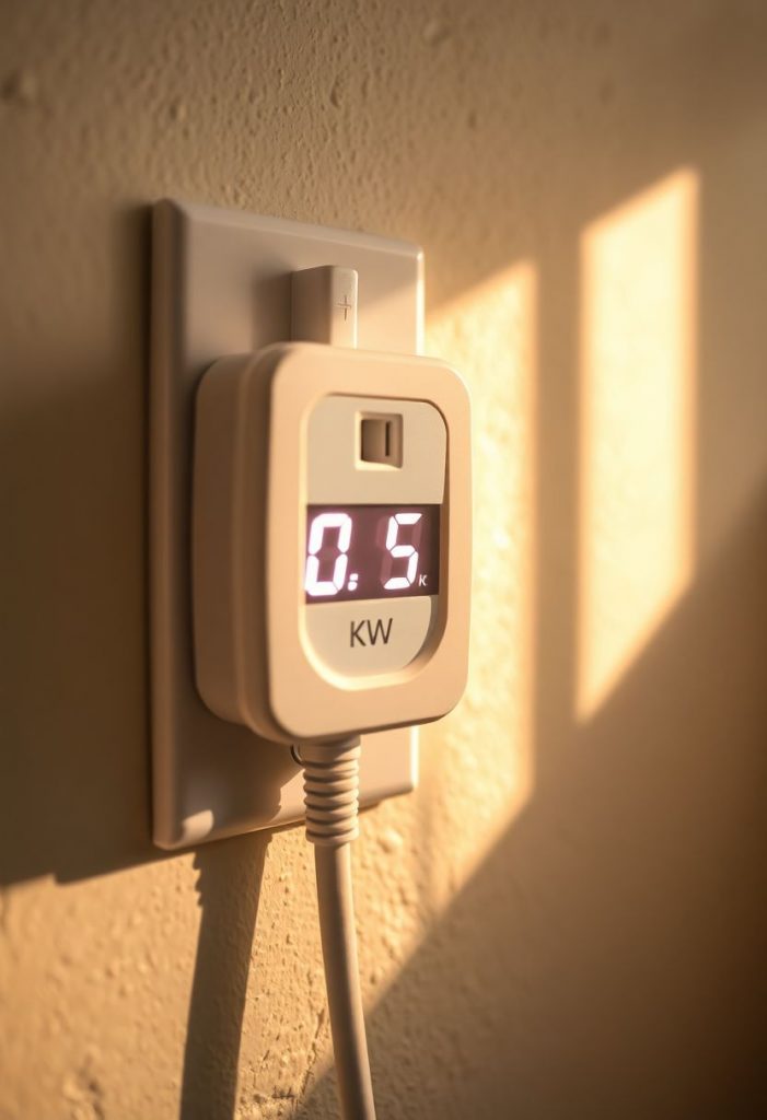 Makroaufnahme eines intelligenten Steckers mit Energieverbrauchsdisplay, der in einer weißen Steckdose steckt und Echtzeit-Verbrauchsdaten anzeigt.