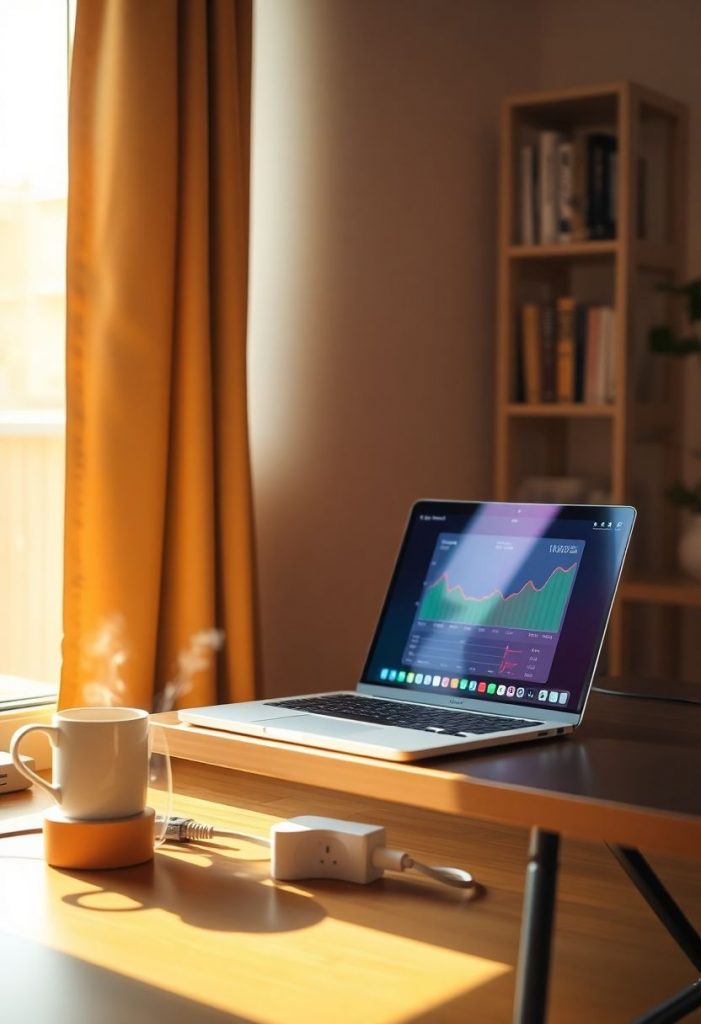 Ein gemütlicher, heller Wohnbereich für eine Person mit Laptop und Kaffeetasse, der bewussten Energieverbrauch im Alltag symbolisiert.