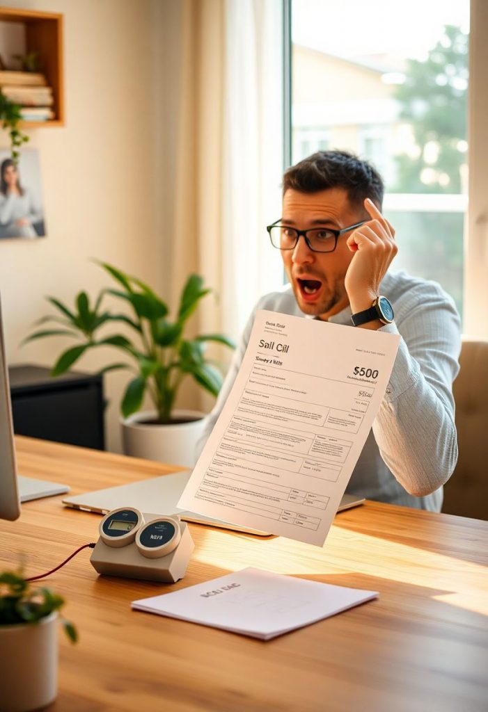 Person in einem Einpersonenhaushalt betrachtet überrascht eine Stromrechnung, während ein Strommessgerät und eine Steckerleiste mit Kippschalter auf dem Schreibtisch liegen.