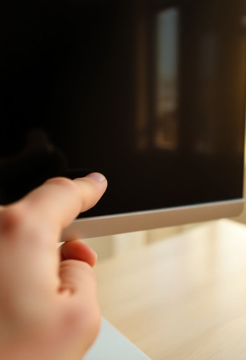 Nahaufnahme eines Fingers, der den Ausschaltknopf an einem Computermonitor drückt, um ihn komplett auszuschalten (nicht Standby).