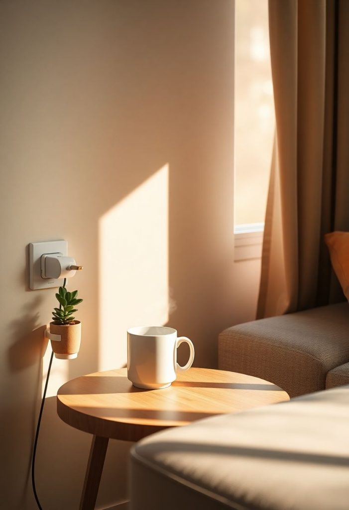 Ein gemütliches, sonnendurchflutetes Wohnzimmer mit einer Steckdosenleiste, die ausgeschaltet ist, symbolisiert eine einfache Stromsparroutine.