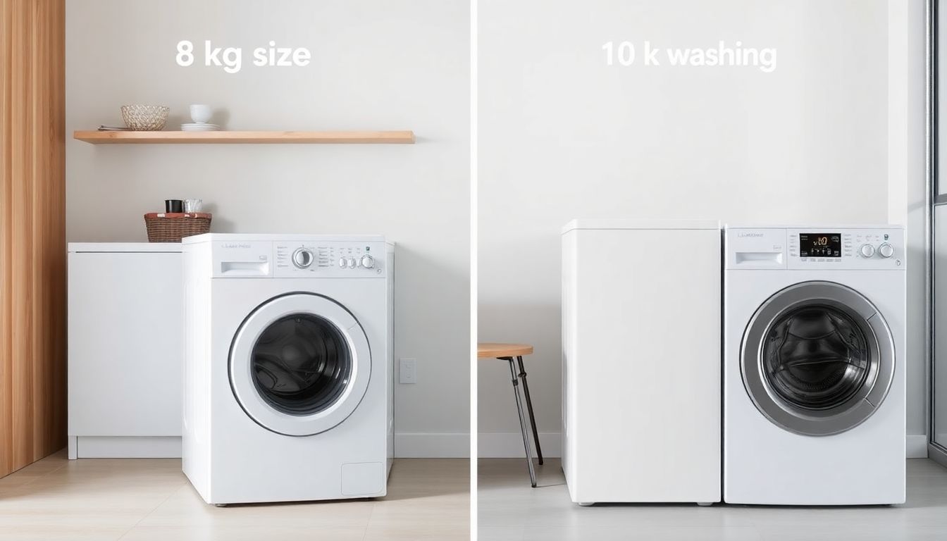 Vergleich einer 8 kg und einer 10 kg Waschmaschine nebeneinander in einem modernen Haushaltsraum.