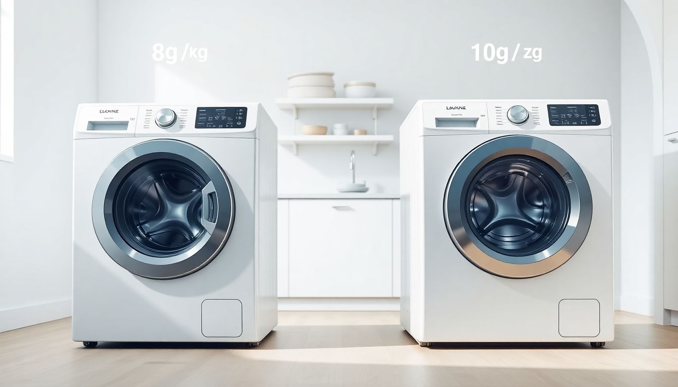 Vergleich einer 8 kg und einer 10 kg Waschmaschine in einem hellen Haushaltsraum.
