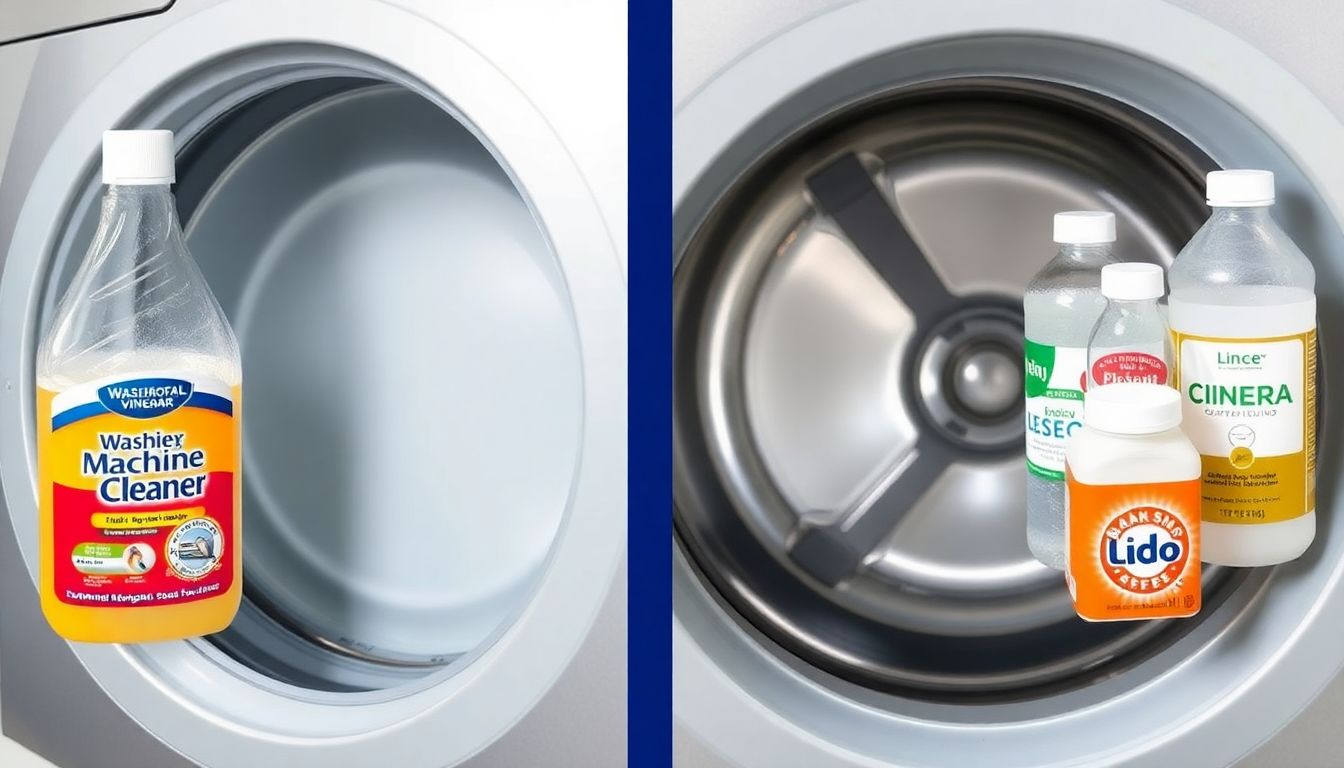 Vergleich der Reinigung einer Waschmaschinentrommel: Spezialreiniger gegenüber Hausmitteln wie Essig und Backpulver.