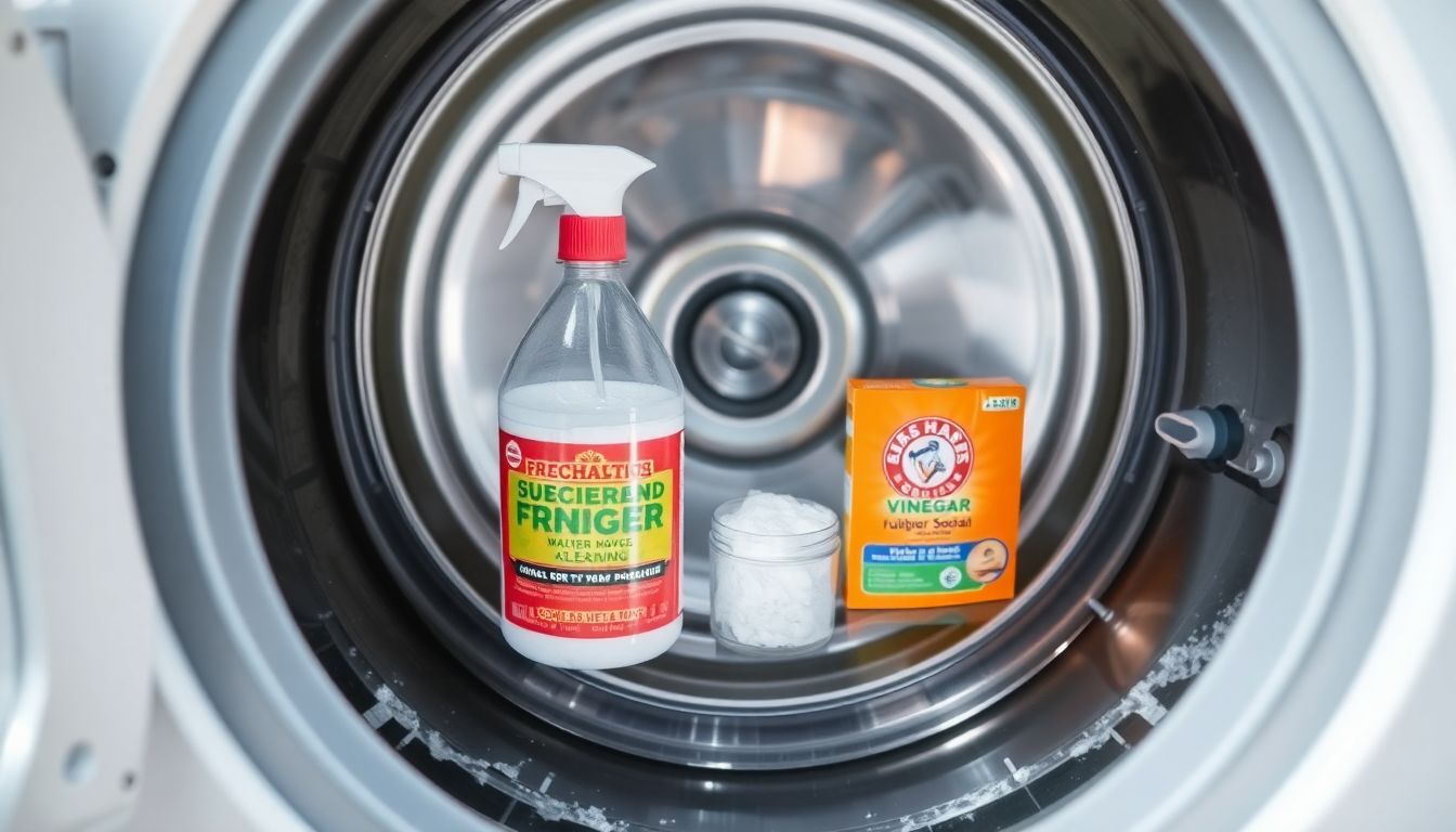Vergleich der Reinigung einer Waschmaschinentrommel mit Spezialreiniger und Hausmitteln wie Essig und Backpulver.