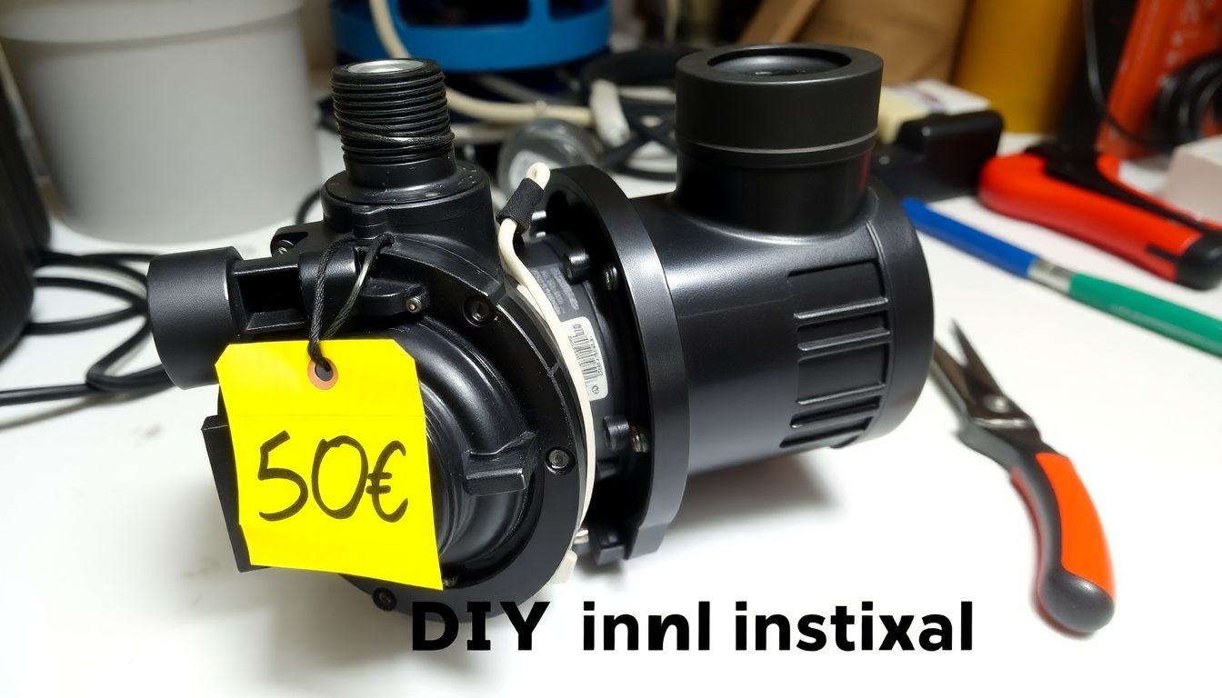 Nahaufnahme einer Waschmaschinenpumpe mit sichtbaren mechanischen Teilen und Anschlüssen, daneben ein Preisschild mit unter 50€, auf einer Werkbank mit einfachen Werkzeugen zum Selbsteinbau.