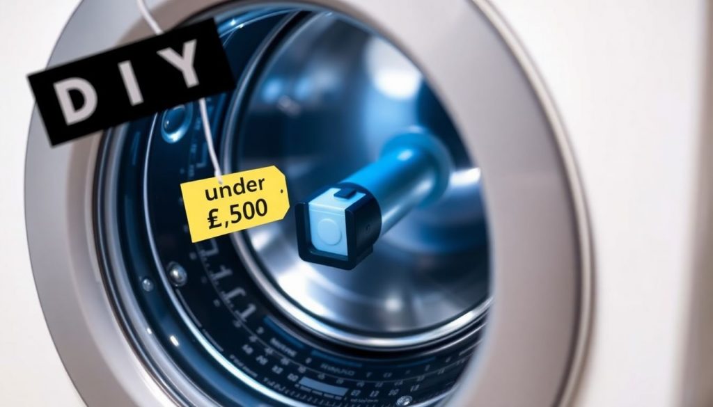 Waschmaschine mit geöffneter Front, in der eine hervorgehobene Pumpe mit Preisschild 'unter 50€' zu sehen ist.