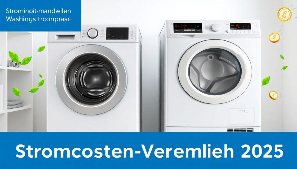 Header-Bild für Artikelvergleich: Waschmaschine mit Wärmepumpe und Kondensationstrockner in einem modernen Haushaltsraum, mit Hinweisen auf Energieeffizienz und Stromkosten