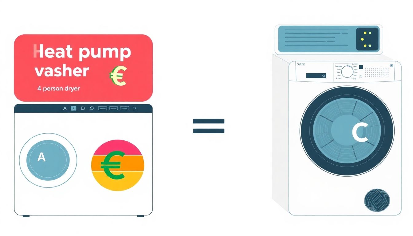 Infografik zum Stromkosten-Vergleich 2025: Links eine Waschmaschine mit Wärmepumpe (Energieeffizienzklasse A) mit niedrigen Stromkosten, rechts ein Kondensationstrockner (Energieeffizienzklasse C/D) mit höheren Stromkosten, für einen 4-Personen-Haushalt.
