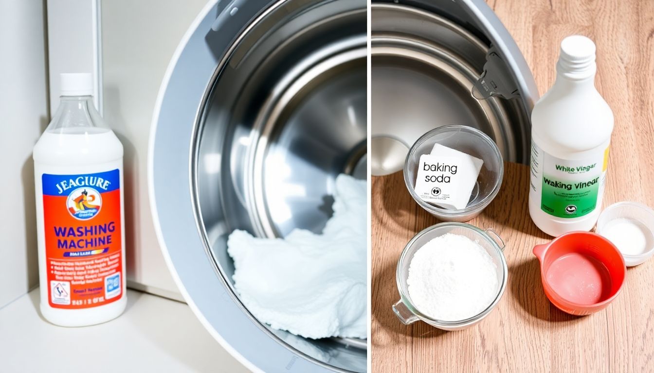 Nahaufnahme einer Waschmaschinentrommel, die gereinigt wird. Links steht eine Flasche Waschmaschinenreiniger, rechts Hausmittel wie Essig und Backpulver auf einer Arbeitsplatte in der Waschküche.