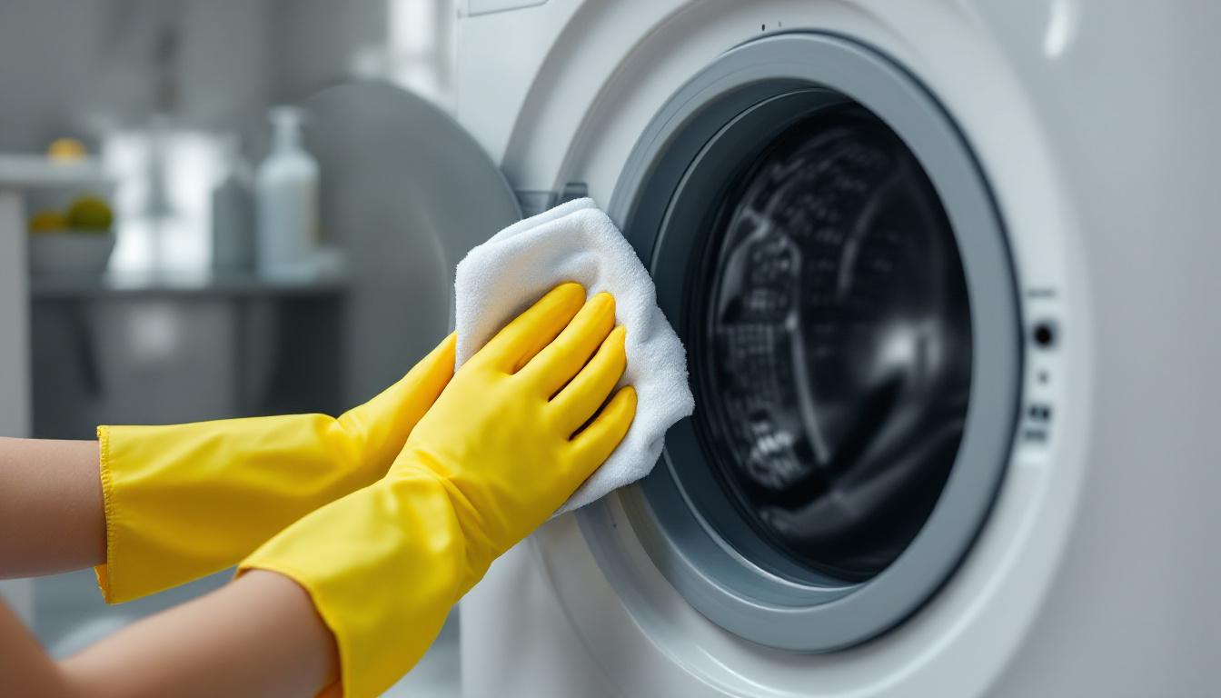 Practical step: Cleaning the washing machine's rubber seal to prevent mold and odors.