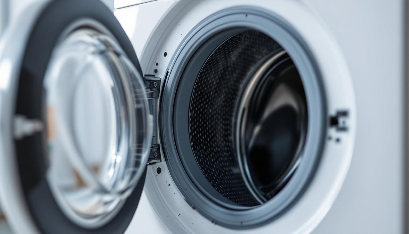 Close-up view of a washing machine door seal with potential mold spots, highlighting a common household problem.