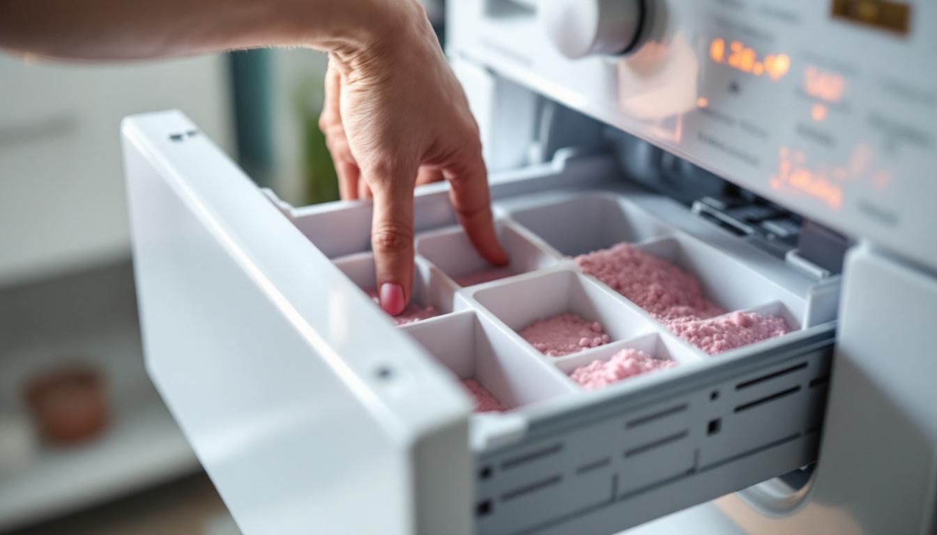 Close-up of a person removing and inspecting a washing machine's detergent drawer for cleaning, showing minor residue buildup.