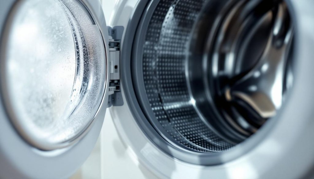 Front-loading washing machine with door ajar, showing the inner drum and rubber seal, suggesting moisture and potential odor issues.