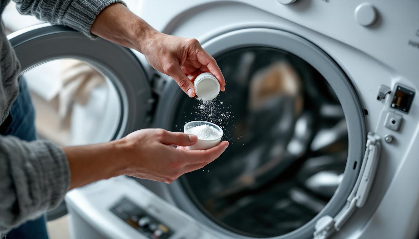 Hands adding citric acid powder into the empty drum of a washing machine as part of a cleaning and descaling process.