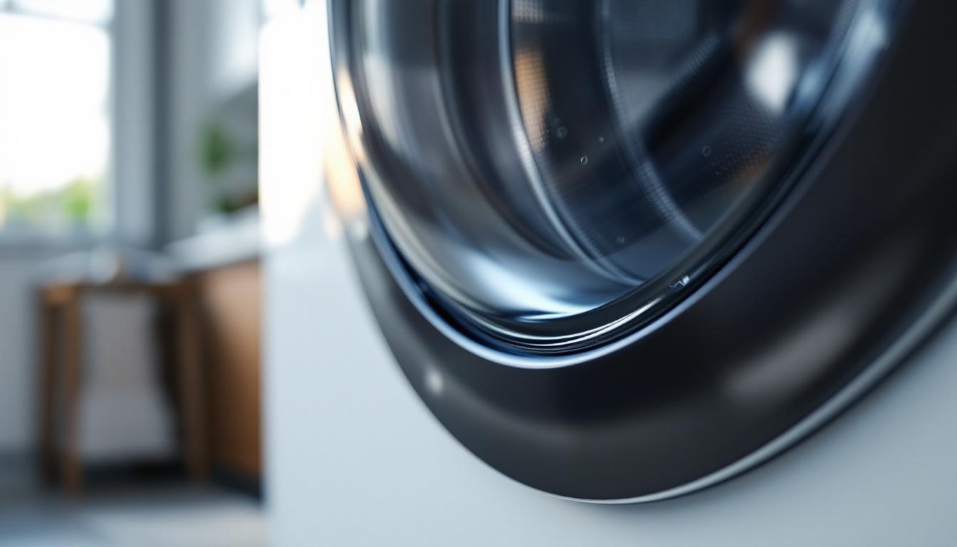 Close-up view of a washing machine door showing the rubber gasket where moisture and residue can accumulate