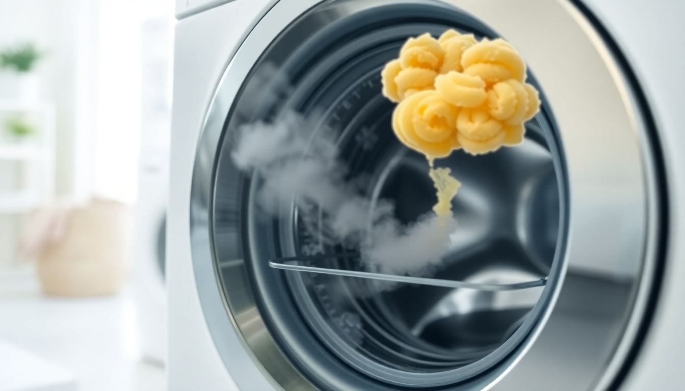Waschmaschine mit einer kleinen Geruchswolke am Waschmittelfach, die auf einen unangenehmen Schwefelgeruch hindeutet.
