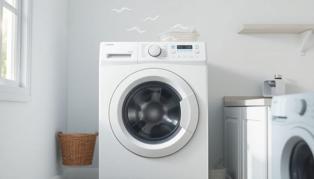 Waschmaschine in einem sauberen Badezimmer oder Waschraum mit einem dezenten Hinweis auf unangenehmen Geruch