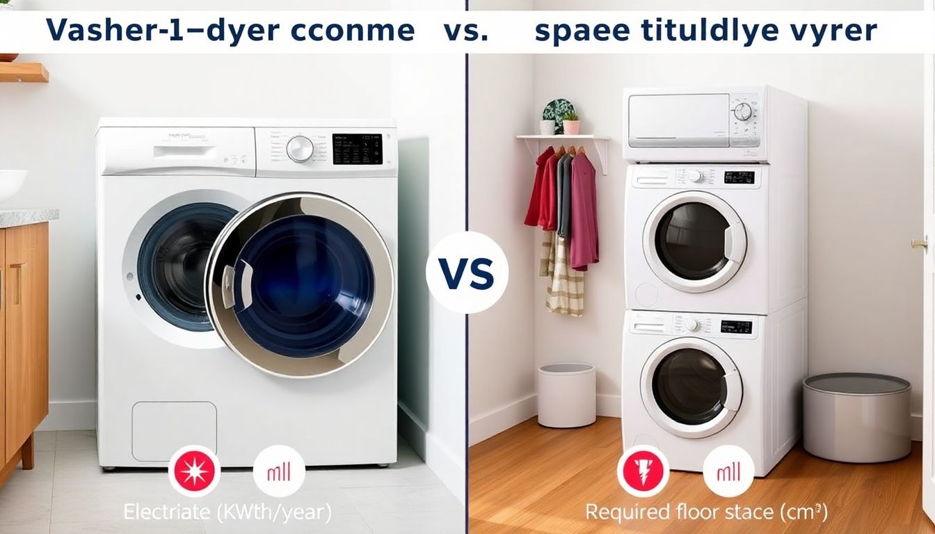 Infografik: Kosten- und Platzvergleich zwischen einem Waschtrockner und separaten Waschmaschine und Trockner für eine Kleinfamilie. Links ein kompakter Waschtrockner, rechts separate Geräte im Stapelbetrieb. Verbrauchs- und Platzangaben sind visualisiert.