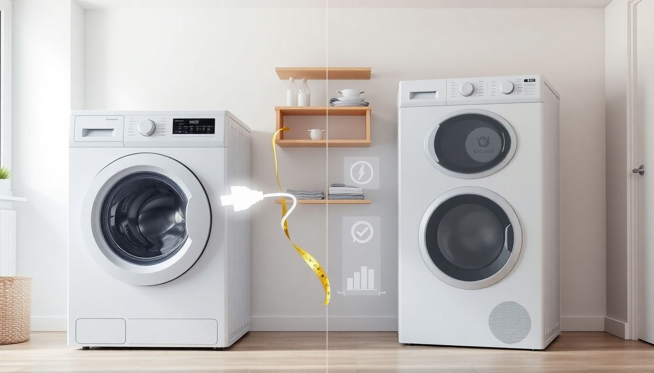 Header-Bild für Artikelvergleich: Ein Waschtrockner gegenüber separater Waschmaschine und Trockner. Grafische Darstellung der Themen Stromverbrauch, Platzbedarf und Kosten für eine Kleinfamilie.