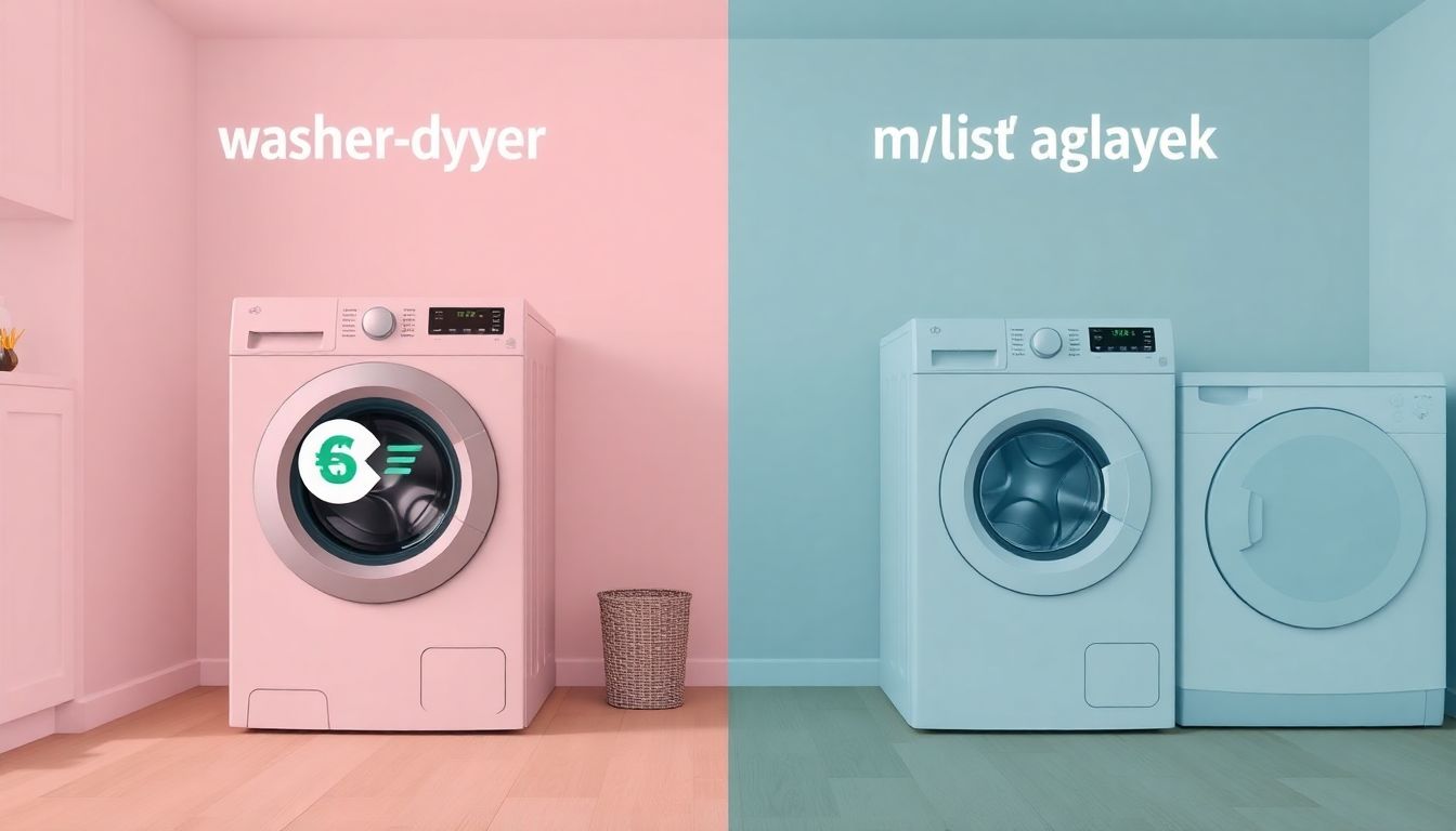 Infografik: Waschtrockner im Vergleich zu separaten Waschmaschine und Trockner. Links ein Kombigerät mit einer gemeinsamen Kostenanzeige für Strom und Wasser. Rechts zwei einzelne Geräte mit jeweils eigenen Kostenanzeigen. Visualisierung für einen 4-Personen-Haushalt.