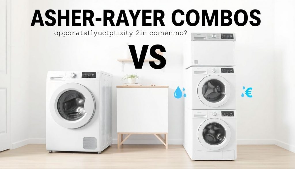 Header-Bild: Grafische Gegenüberstellung eines Waschtrockners und separater Waschmaschine mit Trockner. Visualisierung von Strom- und Wasserverbrauch für einen 4-Personen-Haushalt.