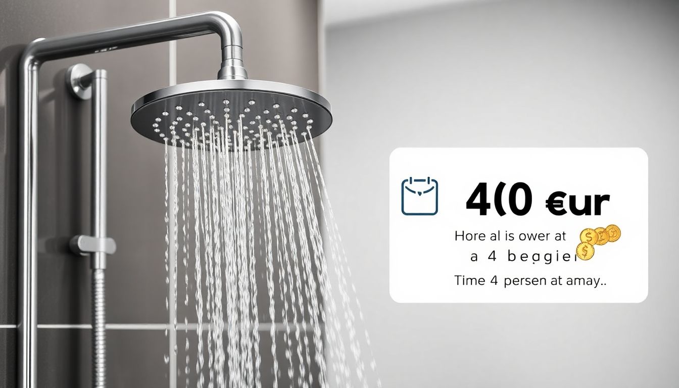 Ein moderner, wassersparender Duschkopf in einem Badezimmer. Eine Grafik zeigt, wie sich die Investition von 40€ für einen 4-Personen-Haushalt durch Wassereinsparungen amortisiert.