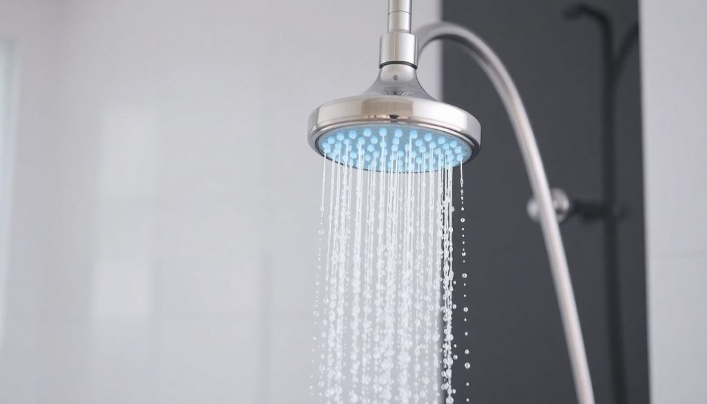 Moderner wassersparender Duschkopf in einem sauberen Badezimmer, Symbol für Wassereinsparung und Amortisation der Investition für einen 4-Personen-Haushalt.