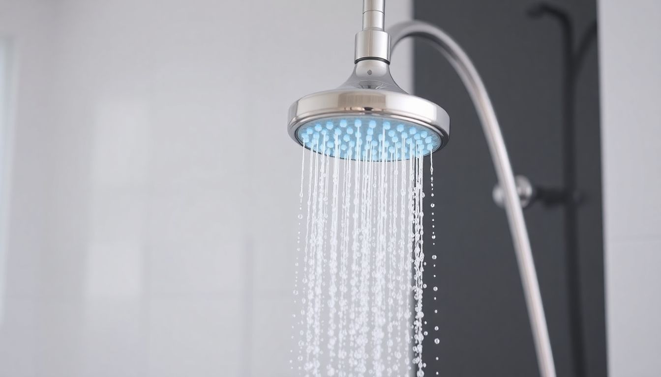 Moderner wassersparender Duschkopf in einem sauberen Badezimmer, Symbol für Wassereinsparung und Amortisation der Investition für einen 4-Personen-Haushalt.